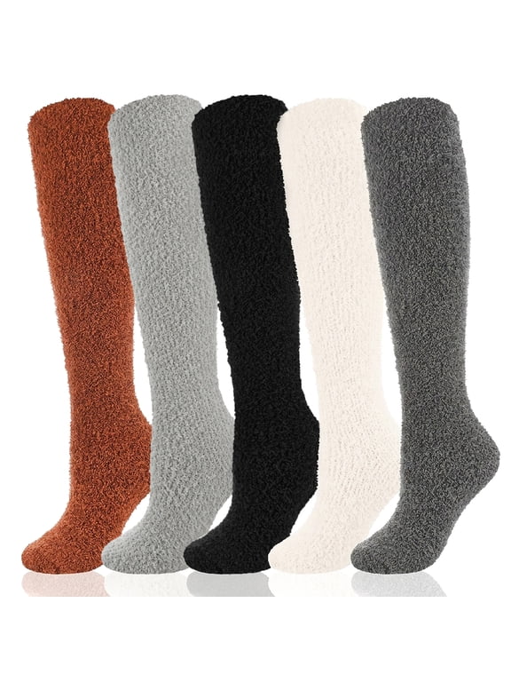 5 Pairs Women‘s Fuzzy Knee High Socks, Coral Fleece Warm Soft Socks Sleep Winter Gift