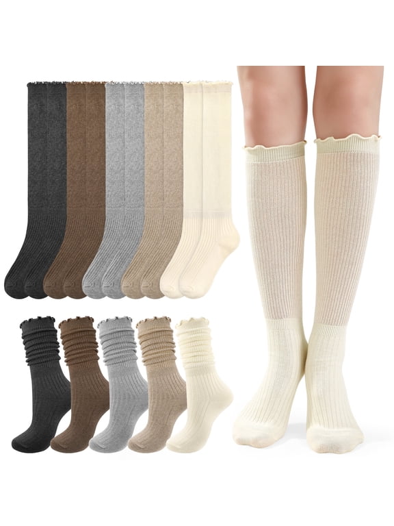 5 Pairs Women's Ruffle Knee High Boot Socks, Soft Breathable Cotton Knee High Stockings