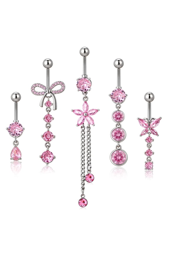 5 Pcs Belly Button Rings, Belly Button Piercing Jewelry, Dangle Belly Button Rings, Stainless Steel Navel Rings, Cute Bow Flower Pregnancy Belly Rings
