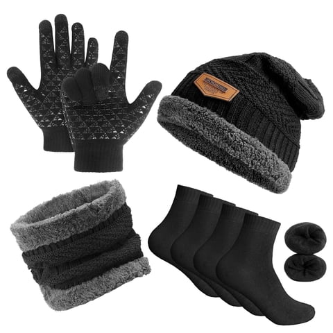 5 Pcs Winter Hat Scarf Gloves Set, Winter Fleece Lined Beanie Hat Scarf Sock Touchscreen Gloves Set for Men Women