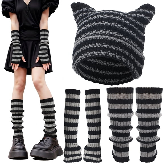 Bocaoying 5 Pcs Y2k Beanie Hats Set for Women, Cute Knitted Striped Arm Warmers Leg Warmers 80s Crochet Cat Ear Beanie Grunge Accessories