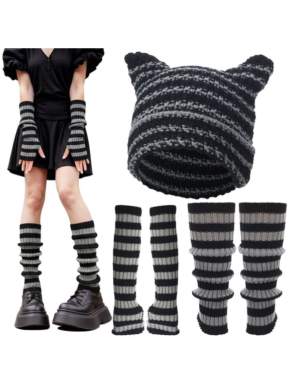 5 Pcs Y2k Beanie Hats Set for Women, Cute Knitted Striped Arm Warmers Leg Warmers 80s Crochet Cat Ear Beanie Grunge Accessories