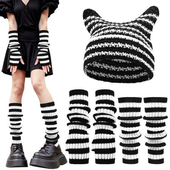 Bocaoying 5 Pcs Y2k Beanie Hats Set for Women, Cute Knitted Striped Arm Warmers Leg Warmers 80s Crochet Cat Ear Beanie Grunge Accessories