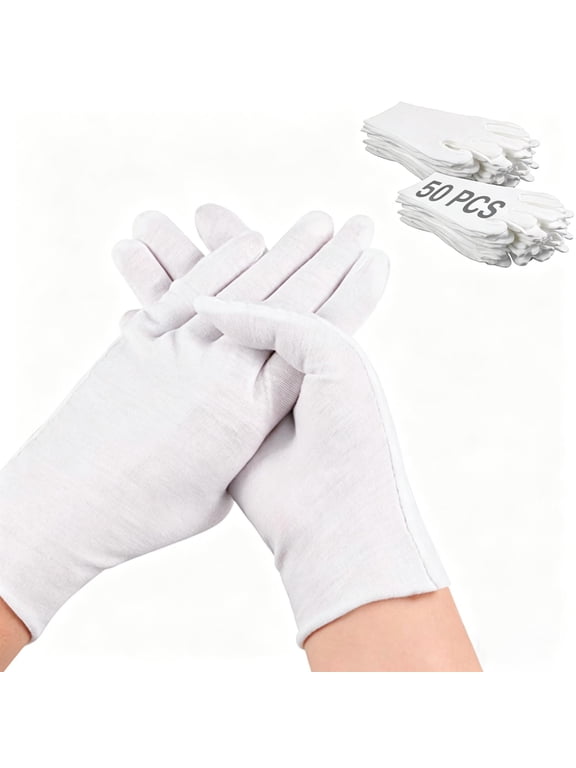 50 Pcs White Cotton Gloves for Dry Hands Sleeping, Eczema Moisturizing Gloves for Men and Women, Washable Premium Cotton Gloves for Coin Jewelry Silver Inspection (XL Size)
