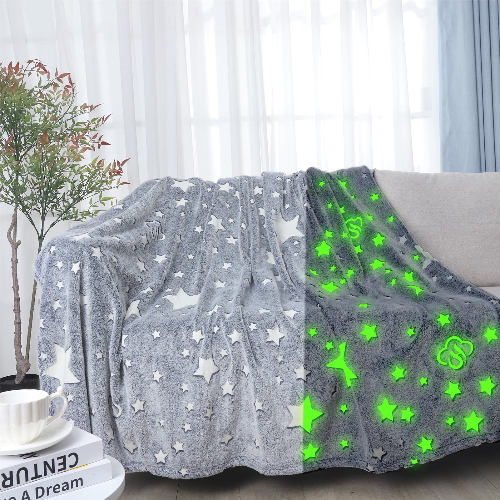 Bocaoying Soft Blanket 50" x 60", Cozy Throw Blanket Luminous Stars Print for Home Decor, Sofa, Bedroon, Gray