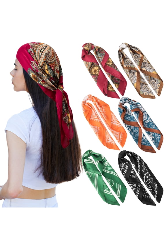 6 Pack Fashionable Paisley Print Head Scarves, Versatile Silk-Like Scarf, Elegant Headwrap Bandana 28" for Women Daily Wear, Fashion Hair Wrap, Shawl, Sleep Cap