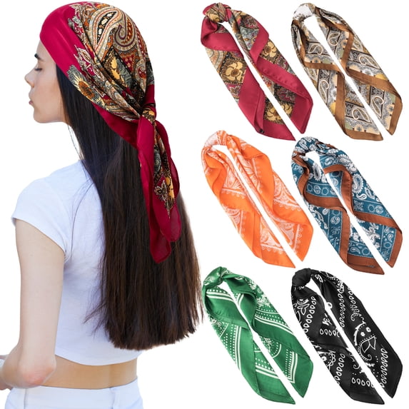 Bocaoying 6 Pack Fashionable Paisley Print Head Scarves, Versatile Silk-Like Scarf, Elegant Headwrap Bandana 28" for Women Daily Wear, Fashion Hair Wrap, Shawl, Sleep Cap