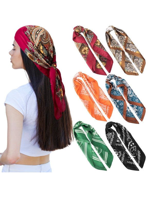 6 Pack Fashionable Paisley Print Head Scarves, Versatile Silk-Like Scarf, Elegant Headwrap Bandana 28" for Women Daily Wear, Fashion Hair Wrap, Shawl, Sleep Cap