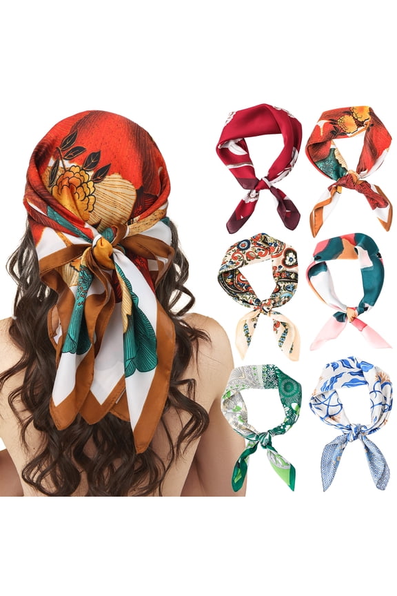6 Pack Floral Print Square Scarf Set, Versatile Silk-Like Head Scarf 28", Fashionable Elegant Headwrap Bandana and Neck Scarf for Women Daily Wear, Outfit Accessory