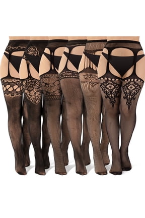 6-Pack Lace Fishnet Suspender Thigh High Stockings for Women Black