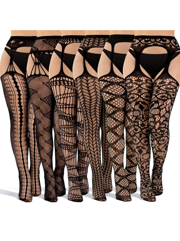 6-Pack Lace Fishnet Suspender Thigh High Stockings for Women Black