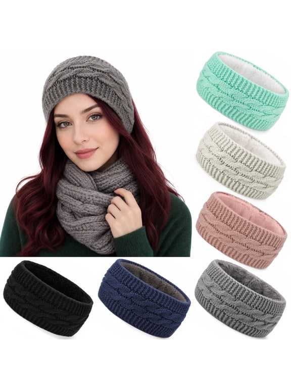 6 Pack Winter Headbands for Women, Fuzzy Fleece Lined Ear Warmers, Thick Knit Cable Ear Muffs for Cold Weather, Christmas Gift Stocking Stuffers, Beige/Black/Blue/Green/Gray/Pink