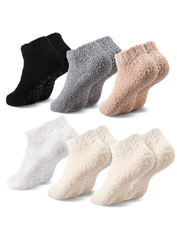 6-Pack Women's Non-Slip Slipper Socks with Grippers, Cozy Fuzzy Grippy Socks for Home, Hospital & Travel, US Size 5-8