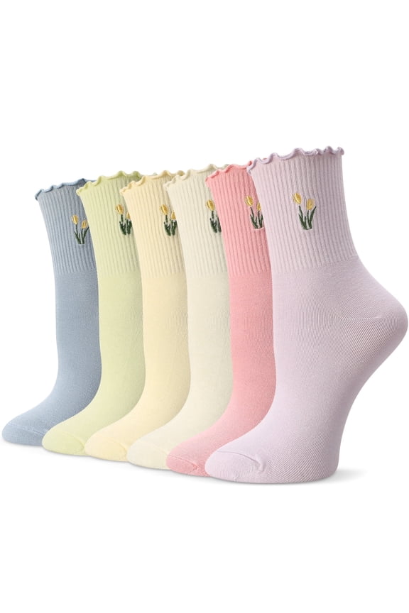 6 Pack Women's Ruffle Socks, Turn-Cuff Casual Crew Socks, Super Soft Breathable Ankle Socks, Cotton Frilly Sock for Women Girl