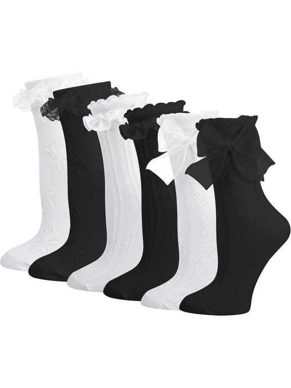6 Pairs Womens Ruffle Socks, Cute Lace Socks with Bowties, Comfortable Frilly Socks, Lettuce Socks, Princess Style Dress Crew Socks Lolita Gift for Ladies Girls, White and Black