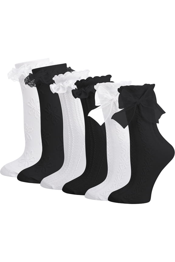 6 Pairs Womens Ruffle Socks, Cute Lace Socks with Bowties, Comfortable Frilly Socks, Lettuce Socks, Princess Style Dress Crew Socks Lolita Gift for Ladies Girls, White and Black