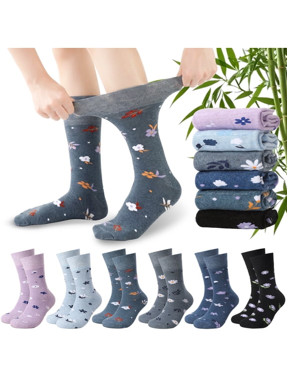 6-Pair Floral Bamboo Fiber Diabetic Socks for Men and Women, Breathable Odor Resistant Crew Socks, Non-Binding Everyday Socks with Comfort Fit Gift for Neuropathy, US 9-13