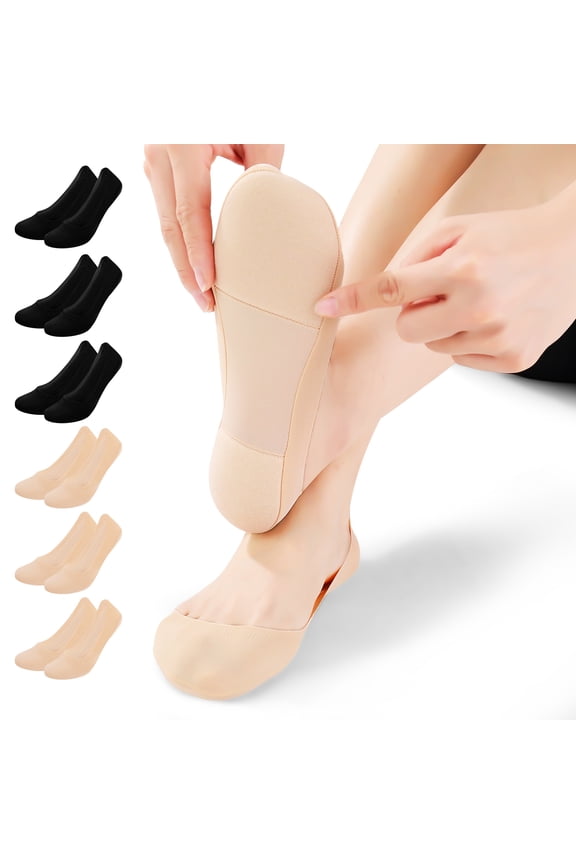 6-Pair Women's Ice Silk No Show Socks, Invisible Low Cut Socks with Sponge Padding, Non-Slip Cotton Socks with Grip(3 Nude+3 Black), Thin & Breathable for US Women's 6.5-8.5, Gift for Her