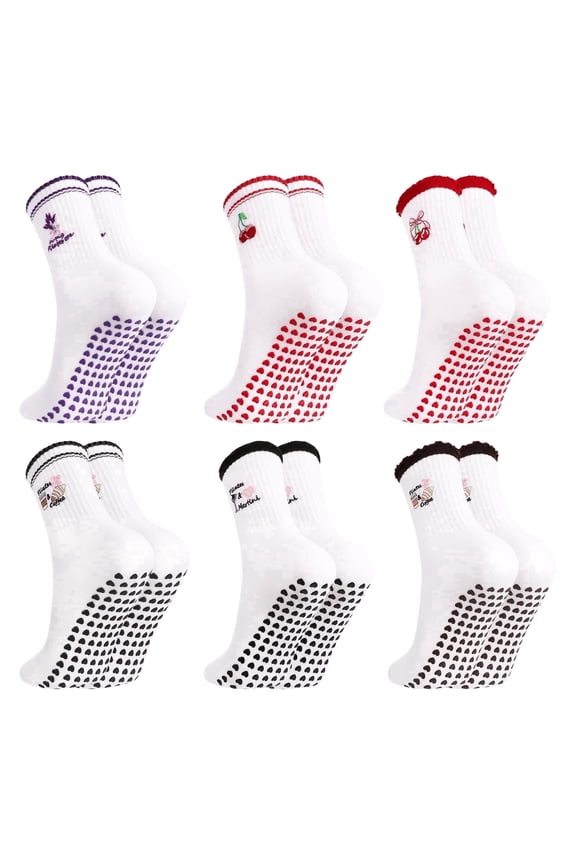 6 Pair Yoga Pilates Grip Socks for Women, Non-Slip Grip Lettuces Socks with Embroidery, 3 Ruffle & 3 Crew, Anti-Skid Pilates Socks for Women 5-9, Cute Workout Socks for Yoga, Barre, Gym