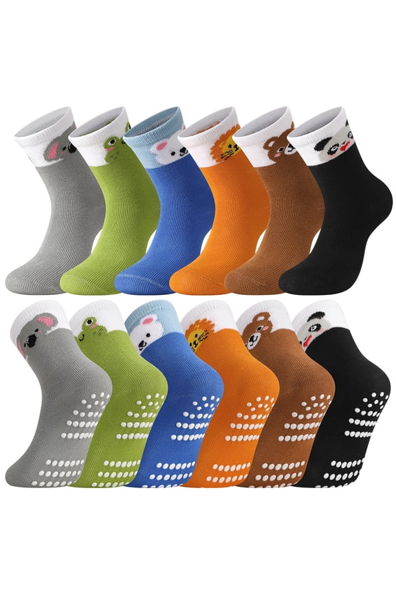 6 Pairs Toddler Non-Slip Socks, Combed Cotton Crew Socks, Cute Animal Printed Socks 6 Colors for Age 1-3