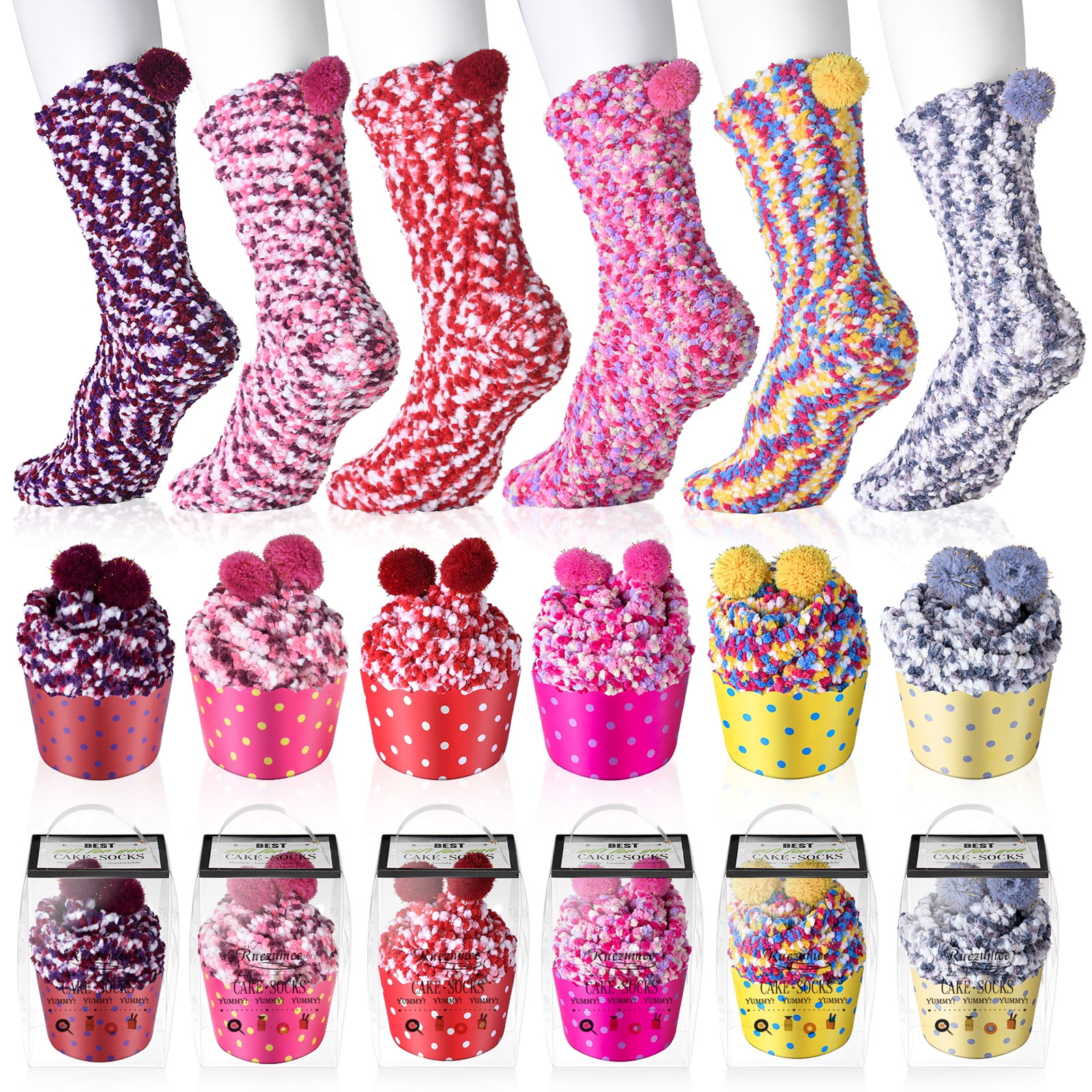 Bocaoying 6 Pairs Christmas Cupcake Socks, Fuzzy Socks for Women