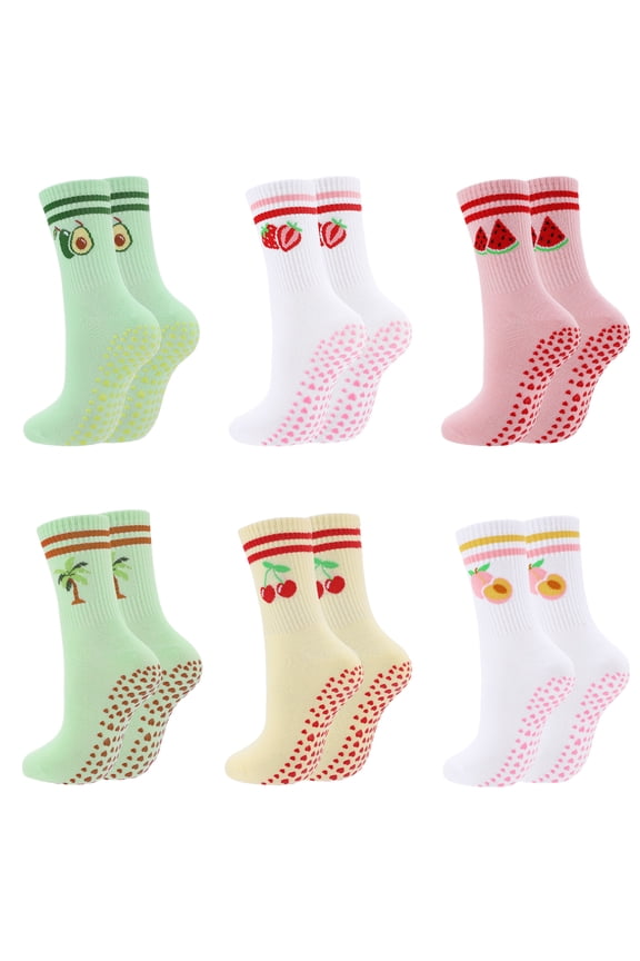 6 Pairs Cute Pilates Grip Socks for Women, Fruit Cotton Yoga Non Slip Cotton Grippy Barre Crew Socks for Workout Athletic Hospital Ballet Gifts