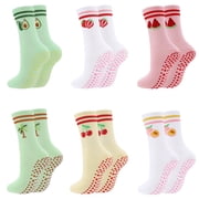 Bocaoying 6 Pairs Cute Pilates Grip Socks for Women, Fruit Cotton Yoga Non Slip Cotton Grippy Barre Crew Socks for Workout Athletic Hospital Ballet Gifts