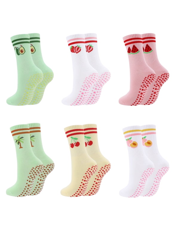 6 Pairs Cute Pilates Grip Socks for Women, Fruit Cotton Yoga Non Slip Cotton Grippy Barre Crew Socks for Workout Athletic Hospital Ballet Gifts