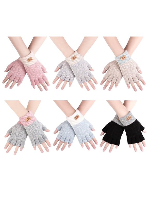 6 Pairs Fingerless Gloves for Women, Warm Winter Thermal Gloves Knitted Soft Half Fingers Mittens for Driving Working Typing