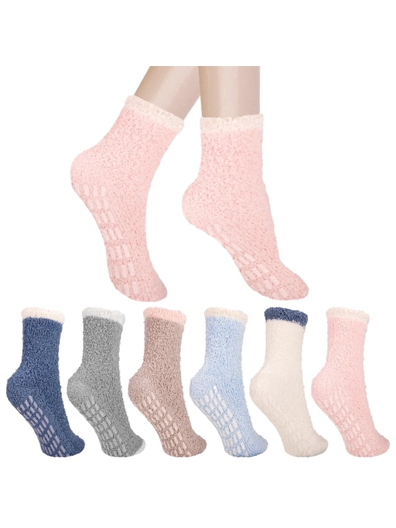 6 Pairs Fuzzy Non Slip Socks, Fuzzy Socks for Women, Hospital Slipper Socks with Grippers, Winter Fluffy Socks for Women(Grips A)