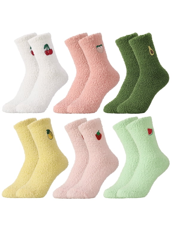 6 Pairs Fuzzy Socks for Women, Cozy Fluffy Winter Warm Slipper Socks, Cute Fruit Shaped Thick Warm Plush Socks fit for US 5-10, Microfiber Winter Warm Slipper Socks