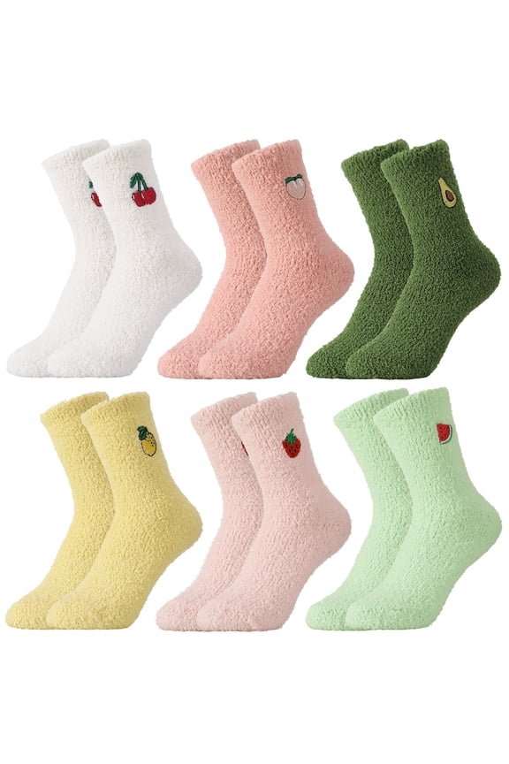 6 Pairs Fuzzy Socks for Women, Cozy Fluffy Winter Warm Slipper Socks, Cute Fruit Shaped Thick Warm Plush Socks fit for US 5-10, Microfiber Winter Warm Slipper Socks