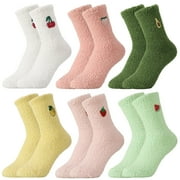 BOCAOYING 6 Pairs Fuzzy Socks for Women, Cozy Fluffy Winter Warm Slipper Socks, Cute Fruit Shaped Thick Warm Plush Socks fit for US 5-10, Microfiber Winter Warm Slipper Socks
