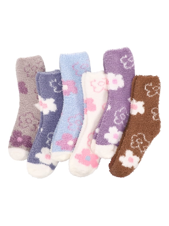 6 Pairs Fuzzy Socks for Women, Thickened Cozy Fluffy Slipper Socks, Soft Winter Cute Multi Colored Floral Plush Crew Socks for Winter Home Sleeping Indoor