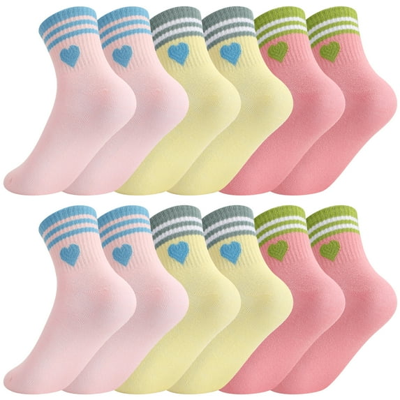 Bocaoying 6 Pairs Girl Crew Athletic Socks, Cotton Socks with Multicolor Hearts Cartoon Patterns for Kids Running Sport Indoor Outdoor