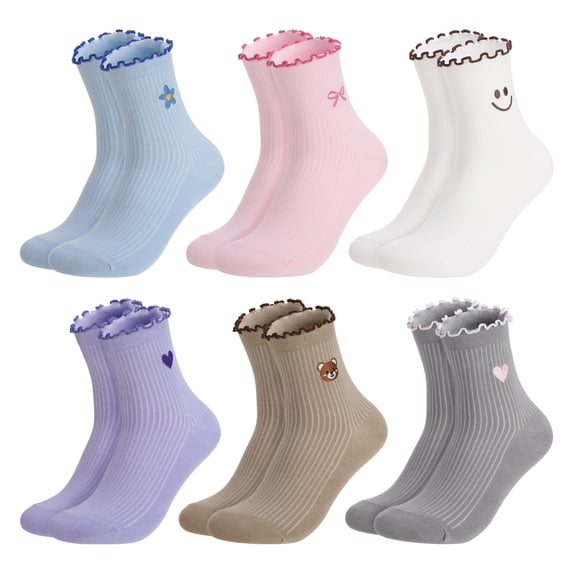 Bocaoying 6 Pairs Girls Cotton Crew Socks, Cute Ruffle Trim Mid-Calf Socks with Heart Design, Soft Breathable 6 Colors Mix – Fits Small Women US 5-6.5