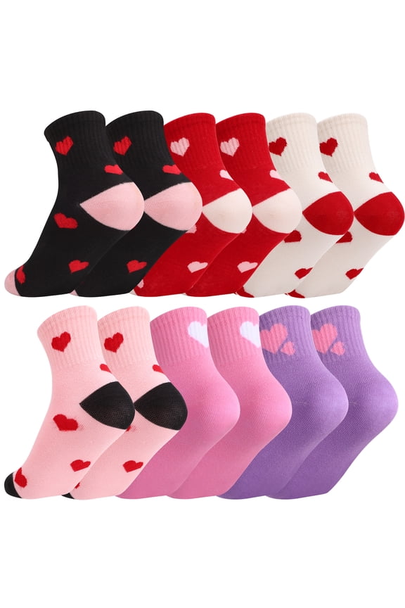 6 Pairs Girls Crew Athletic Socks, Funny Kids Cotton Socks, Cute Hearts Mid-Calf Socks, Breathable Soft Socks for Outdoor Sports (M, Suitable for Girls Aged 6-9)