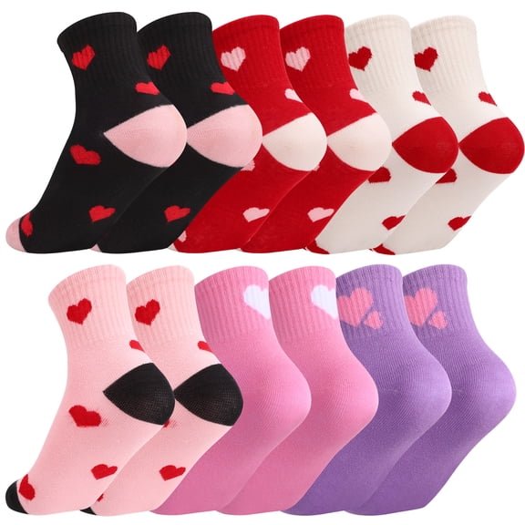 Bocaoying 6 Pairs Girls Crew Athletic Socks, Funny Kids Cotton Socks, Cute Hearts Mid-Calf Socks, Breathable Soft Socks for Outdoor Sports (M, Suitable for Girls Aged 6-9)