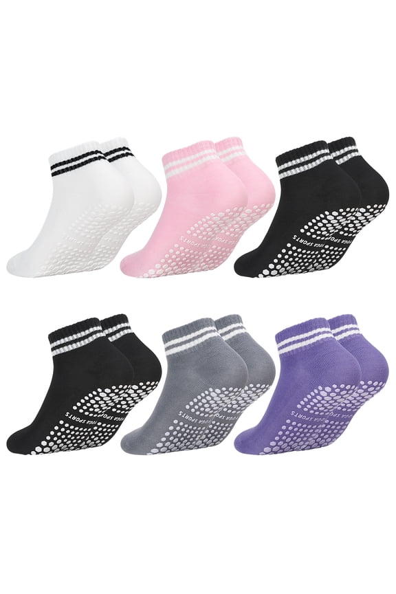 6 Pairs Grip Pilates Socks, Non Slip Athletic Yoga Socks with Grips for Women,  Yoga Sock with Grips for Barre Barefoot Hospital Grippy Sock