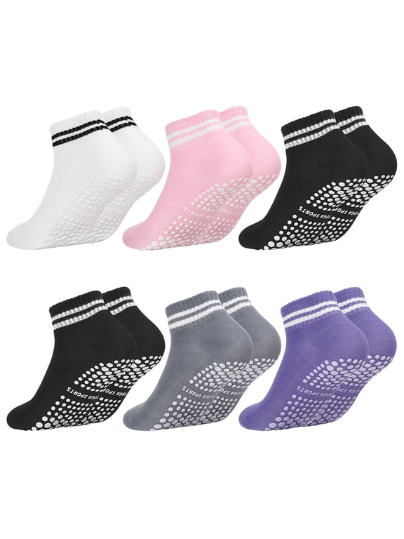 6 Pairs Grip Pilates Socks, Non Slip Athletic Socks with Grips for Women, Sock with Grips for Barre Barefoot Hospital Grippy Sock