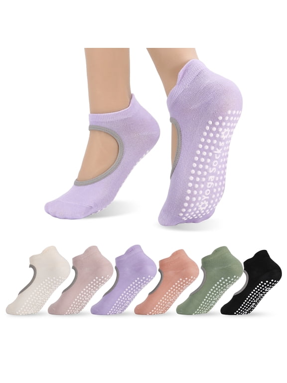 6 Pairs Grip Pilates Socks for Women, Non-Slip Yoga Socks with Openwork Design, Non Skid Grippy Socks for Barre, Ballet, Dance, Barefoot Workout