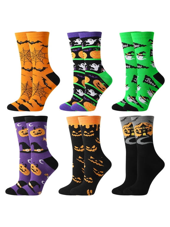 6 Pairs Halloween Socks for Women Girls, Pumpkin Skeleton Socks, Bats Pumpkins Ghosts Print, Crazy Funny Dress Novelty Cute Sock,Halloween Gifts for Women Girls