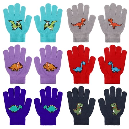 Bocaoying 6 Pcs Kid's Winter Magic Dinosaur Gloves, Full Fingers Stretchy Knitted Gloves for Boys Girls, Warm Wool Lined Gloves, Children Knitted Ski Gloves for Ages 3-10, Multicolor, One Size