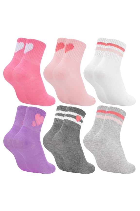 6 Pairs Girls Stripe Socks Cotton Crew Socks, Colorful Retro Stripe with Heart Printed Socks Athletic Hosiery for School Student