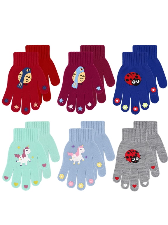 6 Pairs Kids Warm Magic Gloves, Winter Stretchy Knit Gloves, Warm Wool Lined Gloves,Children Knitted Ski Gloves for Ages 3-6, One Size