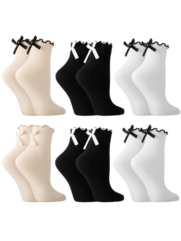 6-Pairs Lace Ruffle Crew Socks for Women, Lolita Style Ribbon Ankle Lettuces Edge Socks, Cotton Blend Casual Bow Socks for Daily Wear, Gift, Size 6-10, Black/White/Beige