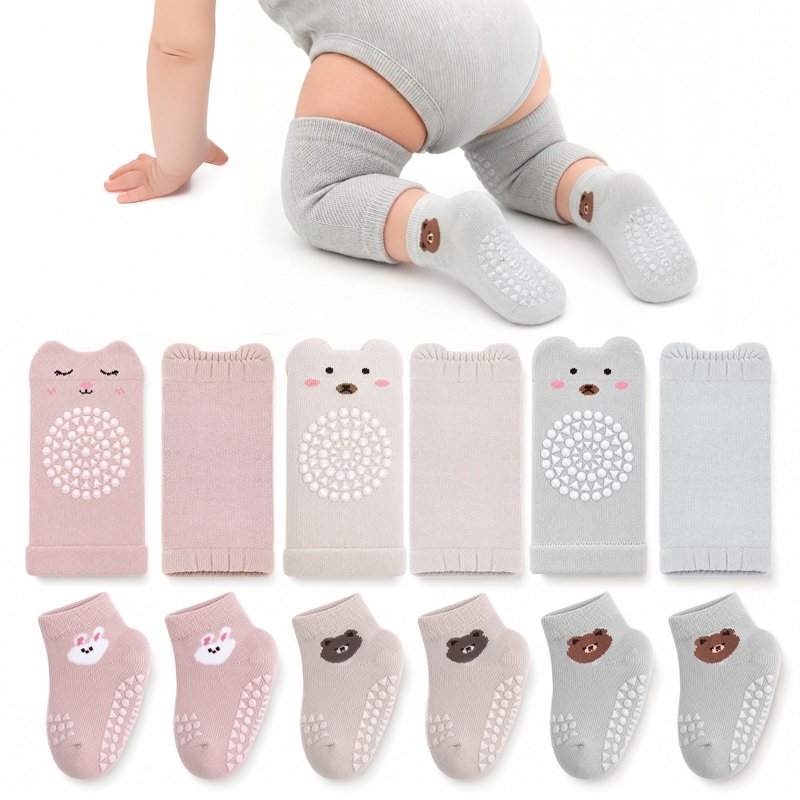 Bocaoying 6 Pairs Non Slip Baby Knee Pads and Socks, Include 3 Pairs Baby Knee Pads for Crawling and 3 Pairs Cute Animal Socks with Gripper for Infant Toddler Boy Girl Crawling and Walking