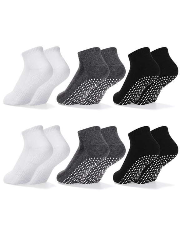 6 Pairs Non Slip Socks with Grip, Anti Slip Socks with Cushion, Full Toe Ankle Fall Prevention Socks with Grip, Non Skid Socks for Yoga,Pilates,Dance,Ballet, 3 Colors Unisex