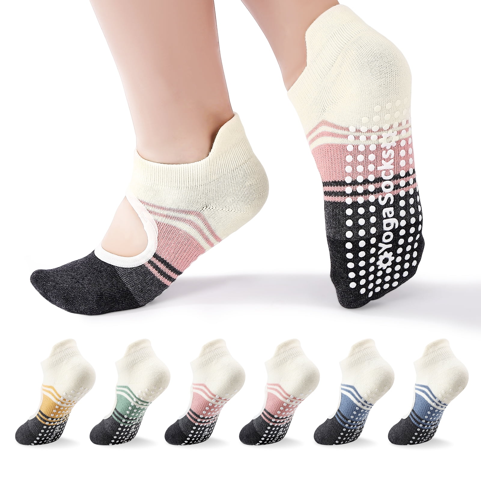 Bocaoying 6 Pack Yoga Socks with Grips for Women, Cotton Non Slip Pilate Socks, Open Top Athletic Grippy Socks with Comfort Stretchable Cuff for Yoga, Pilates, Ballet, US Size 5-9