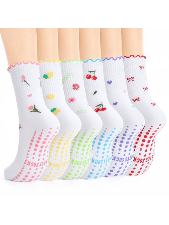 6 Pairs Pilates Crew Socks for Women, Cute Ruffle Socks with Grip, Non Slip Sticky Workout Dance Sock for Yoga Barre